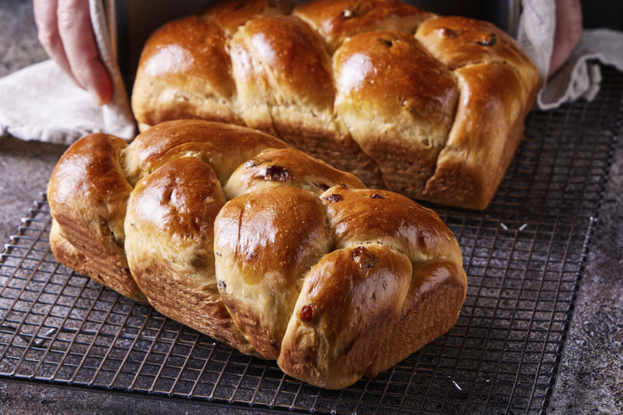 To complement the oil, golden raisins plumped in orange juice are mixed into the dough at the end of kneading.