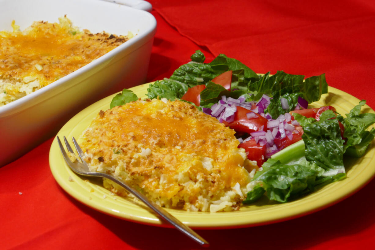 Cauliflower Cheese Bake served with Tomato and Onion Salad.