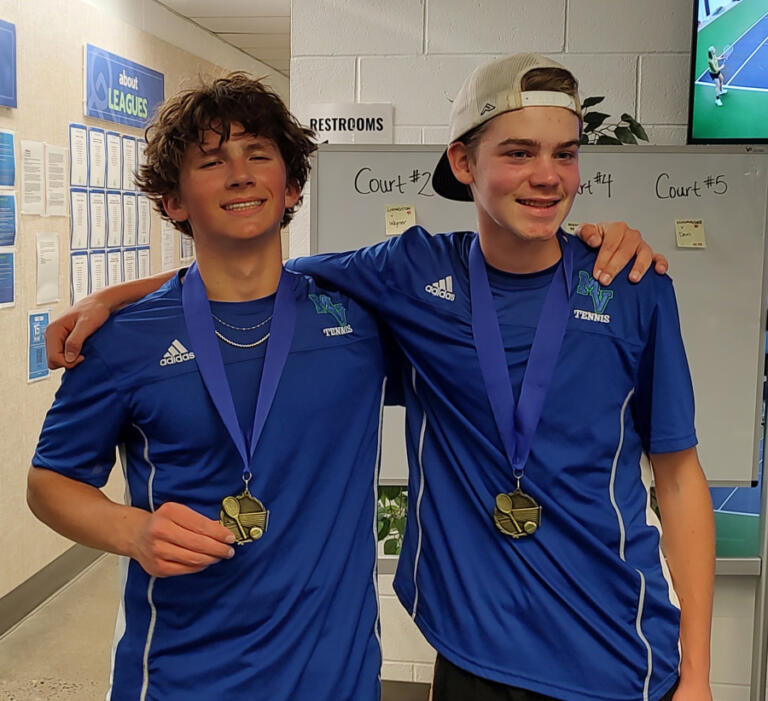 Mountain View doubles team of Jackson Taylor, left, and Owen Kendrick after winning the 2A District 4 title on Friday, Oct. 25, 2024, at Vancouver Tennis Center.