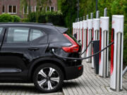 An electric car charges at a charging point reserved for Tesla cars in Breda on Sept. 19, 2023.