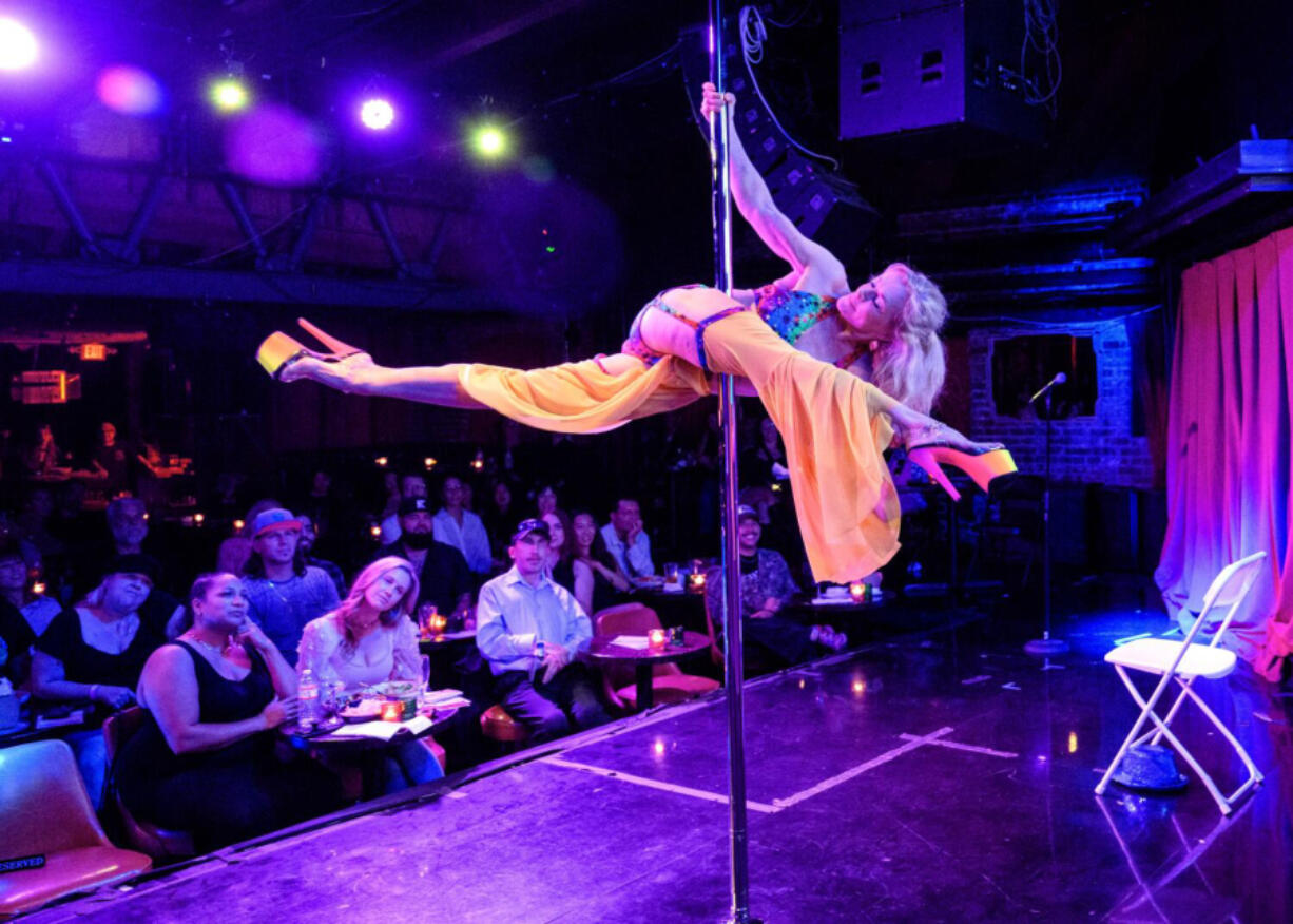 Mary Serritella, 71, performs in front of a live audience during the Comedy Pole Show at the Bourbon Room on Sept. 18, in Hollywood, Calif.