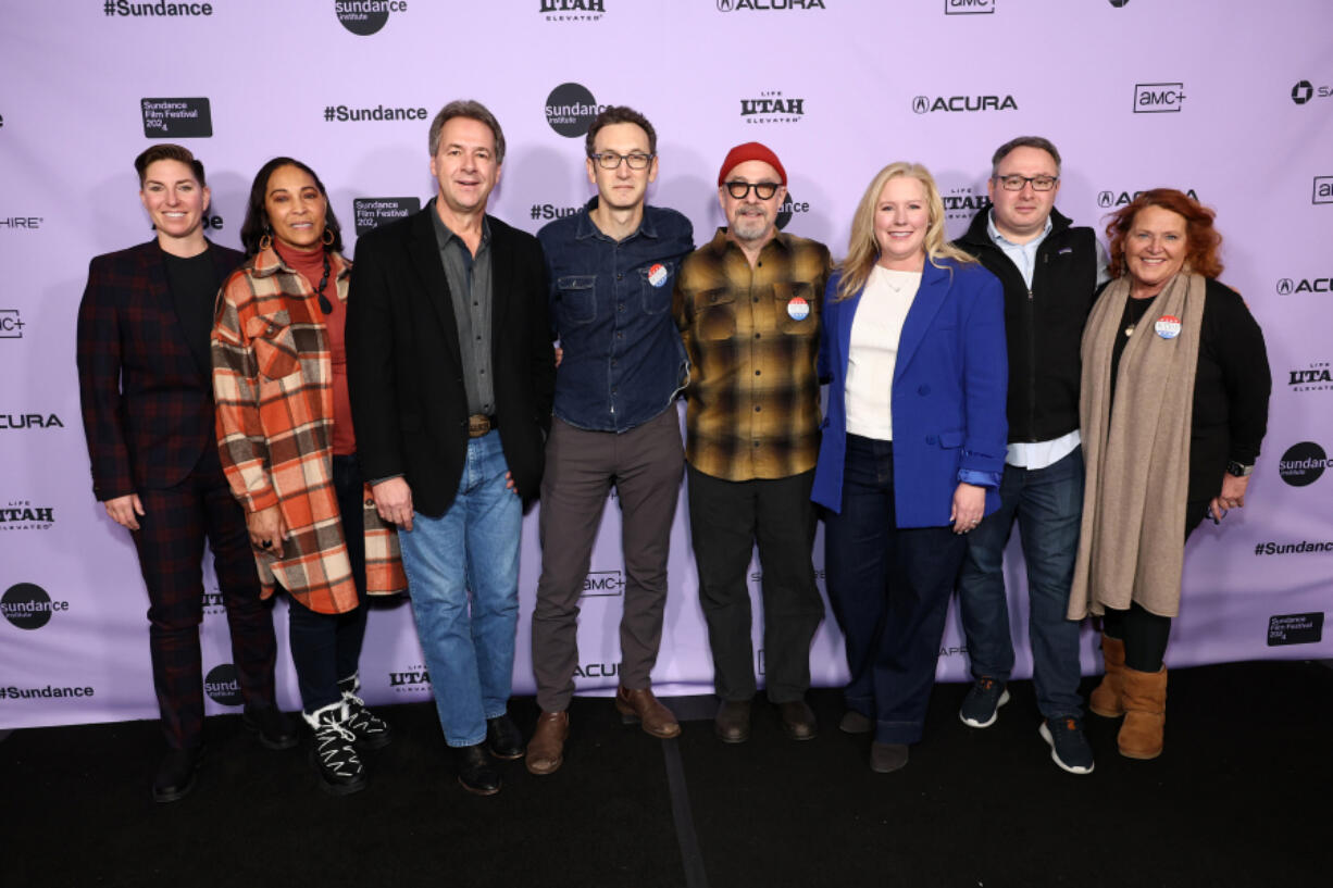 From left, Janessa Goldbeck, Linda Singh, Steve Bullock, Jesse Moss, Tony Gerber, Elizabeth Neumann, Alex Vindman and Heidi Heitkamp attend the &ldquo;War Game&rdquo; premiere during the 2024 Sundance Film Festival at Prospector Square Theatre on Jan. 23, 2024, in Park City, Utah.