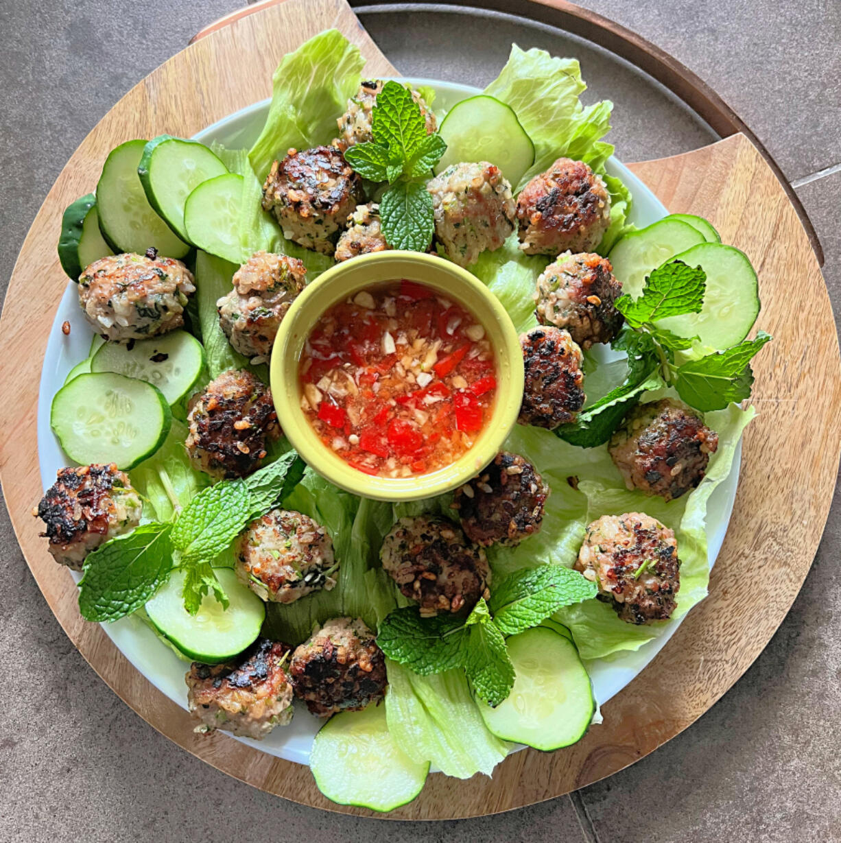 Meatballs With Nuoc Cham, Cucumber and Mint.