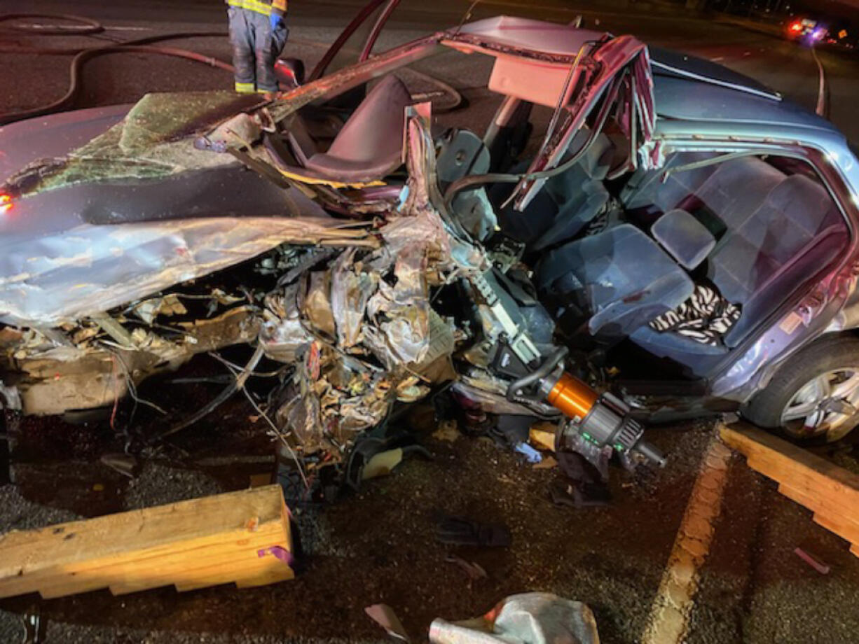 Little remains of a 1992 Honda Accord that was involved in a head-on collision with a wrong-way driver on northbound Interstate 5 near Mill Plain Boulevard early Feb. 3.