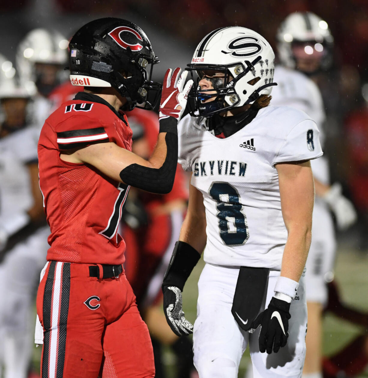 Jack Macdonald of Camas, left, and Gavin Packer of Skyview will be part of Friday&rsquo;s rivalry game between the Papermakers and Storm at Kiggins Bowl.