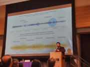 Mert Can Bayar, a postdoctoral student in the University of Washington&rsquo;s Center for an Informed Public, speaks in February during an event about the online discourse around Israel and Hamas.