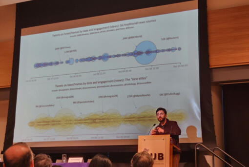 Mert Can Bayar, a postdoctoral student in the University of Washington&rsquo;s Center for an Informed Public, speaks in February during an event about the online discourse around Israel and Hamas.