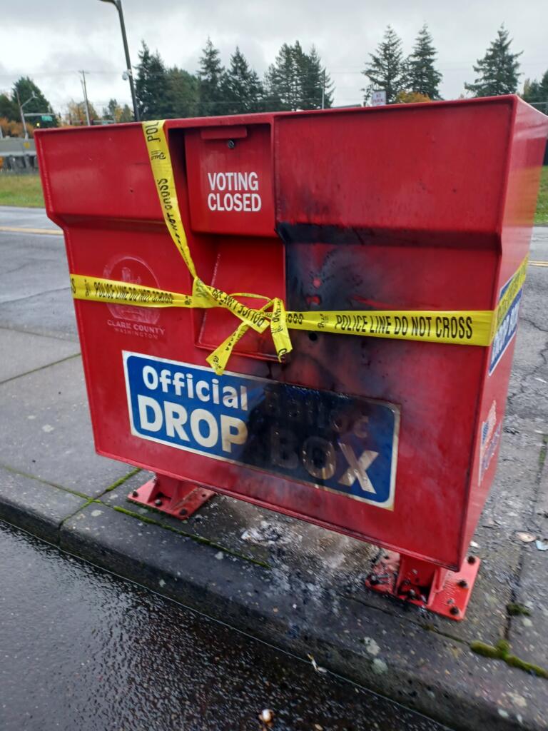 The ballot drop box at Fisher's Landing was damaged by an incendiary device Monday morning.