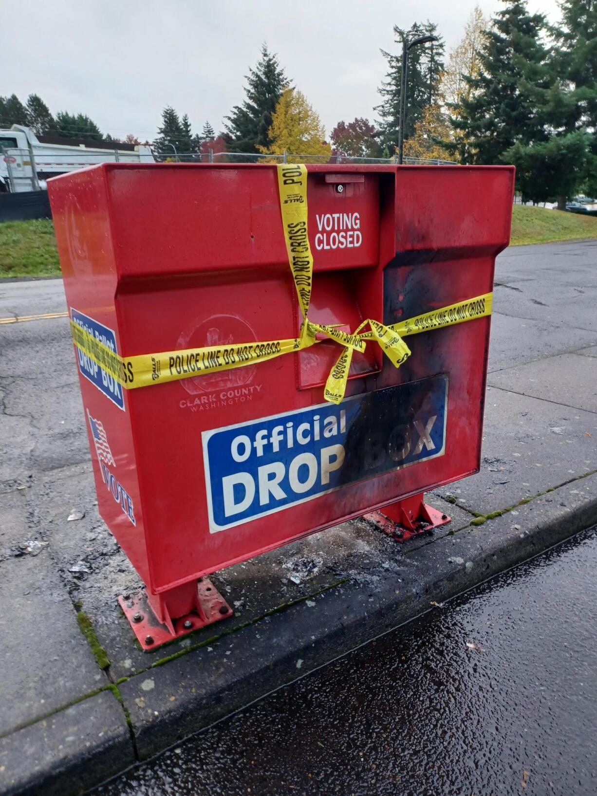 The ballot drop box at Fisher's Landing was damaged by an incendiary device Monday morning.