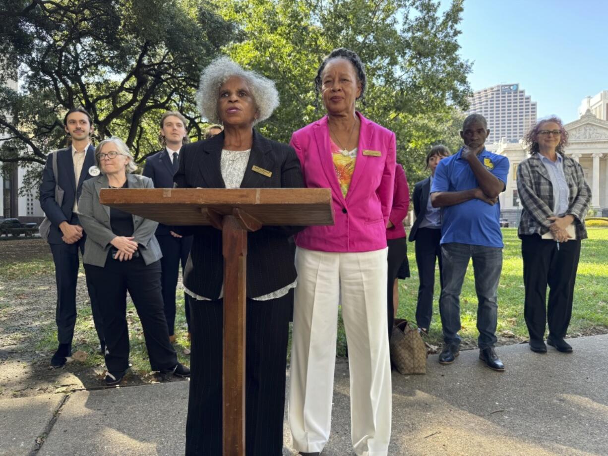 Gail LeBoeuf and Barbara Washington, co-founders of the environmental justice organization Inclusive Louisiana and plaintiffs in a case alleging environmental racism in St. James Parish, Louisiana, speak at a press conference after a hearing for their case at the Fifth Circuit Court of Appeals in New Orleans on Monday, Oct. 7, 2024.