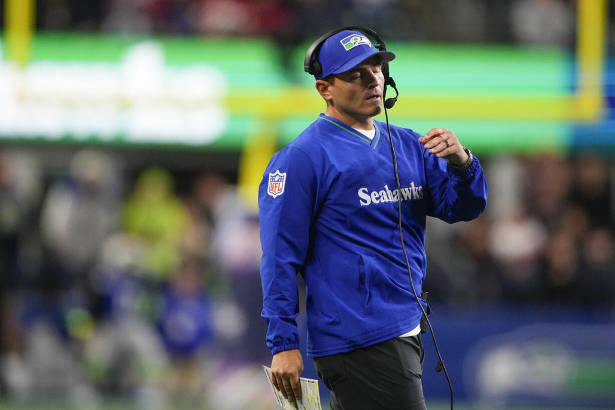 Seattle Seahawks head coach Mike Macdonald reacts during the second half of an NFL football game against the San Francisco 49ers, Thursday, Oct. 10, 2024 in Seattle.