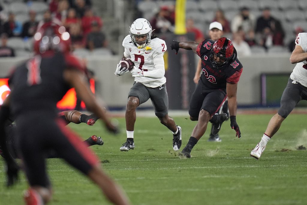 Washington State wide receiver Kyle Williams runs with the ball during the first half of an NCAA college football game against San Diego State Saturday, Oct. 26, 2024, in San Diego.