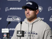 Seattle Seahawks head coach Mike Macdonald speaks during a news conference after an NFL football game against the Buffalo Bills, Sunday, Oct. 27, 2024, in Seattle. The Bills won 31-10.