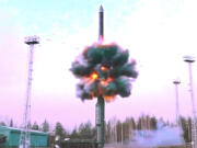 In this photo taken from video distributed by Russian Defense Ministry Press Service on Tuesday, Oct. 29, 2024, A Yars intercontinental ballistic missile is test-fired from the Plesetsk launchpad in northwestern Russia.