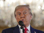 Republican presidential nominee former President Donald Trump speaks during a news conference at his Mar-a-Lago estate, Tuesday, Oct. 29, 2024, in Palm Beach, Fla.