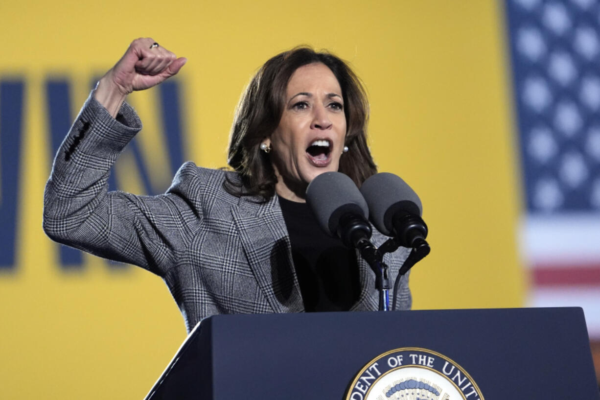 Democratic presidential nominee Vice President Kamala Harris speaks at a campaign event in Burns Park Monday, Oct. 28, 2024, in Ann Arbor, Mich.