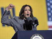 Democratic presidential nominee Vice President Kamala Harris speaks at a campaign event in Burns Park Monday, Oct. 28, 2024, in Ann Arbor, Mich.