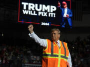 Republican presidential nominee former President Donald Trump gestures after speaking at a campaign rally at Resch Center, Wednesday, Oct. 30, 2024, in Green Bay, Wis.