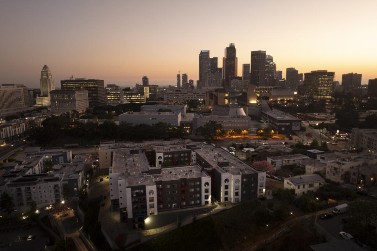 An aerial view shows Hillside Villa, bottom center, an apartment complex where Marina Maalouf is a longtime tenant, in Los Angeles, Tuesday, Oct. 1, 2024. (AP Photo/Jae C.