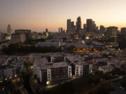 An aerial view shows Hillside Villa, bottom center, an apartment complex where Marina Maalouf is a longtime tenant, in Los Angeles, Tuesday, Oct. 1, 2024. (AP Photo/Jae C.