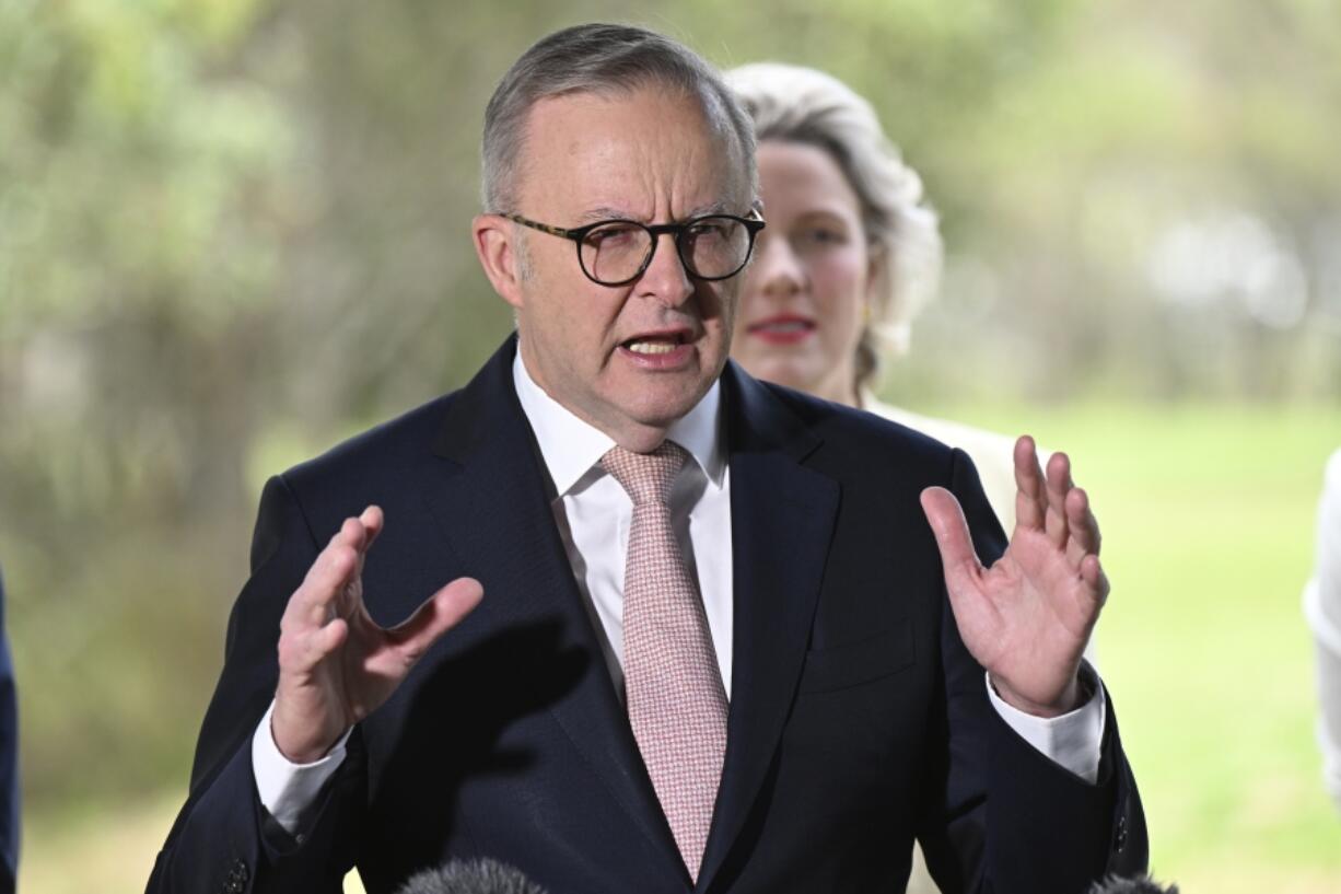 Australian Prime Minister Anthony Albanese gestures during a press conference in Logan City, near Brisbane, Tuesday, Oct. 15, 2024.