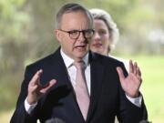 Australian Prime Minister Anthony Albanese gestures during a press conference in Logan City, near Brisbane, Tuesday, Oct. 15, 2024.