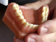 FILE - A dentist holds a model of teeth in Seattle.