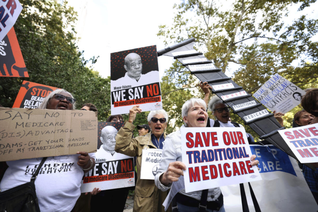 IMAGE DISTRIBUTED FOR BE A HERO FUND AND PHYSICIANS FOR A NATIONAL HEALTH PROGRAM - Seniors and health care activists protest at City Hall calling for an end to Mayor Eric Adams&rsquo;s effort to push NYC retirees onto privatized Medicare Advantage plans, Monday, Sept. 30, 2024 in New York.