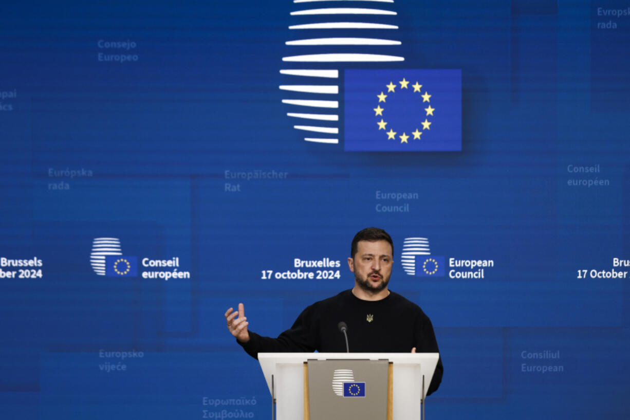 Ukraine&rsquo;s President Volodymyr Zelenskyy talks to journalists during a press conference at an EU summit in Brussels, Thursday, Oct. 17, 2024.