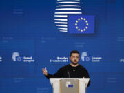 Ukraine&rsquo;s President Volodymyr Zelenskyy talks to journalists during a press conference at an EU summit in Brussels, Thursday, Oct. 17, 2024.