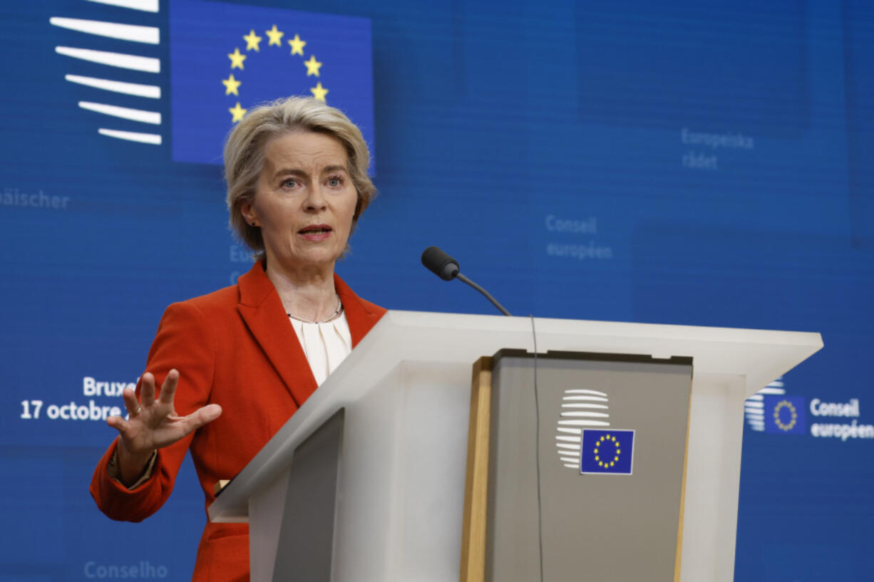 European Commission President Ursula von der Leyen speaks during a media conference at an EU summit in Brussels, Thursday, Oct. 17, 2024.