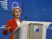 European Commission President Ursula von der Leyen speaks during a media conference at an EU summit in Brussels, Thursday, Oct. 17, 2024.