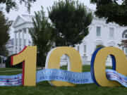 A sign wishing former President Jimmy Carter a happy 100th birthday sits on the North Lawn of the White House in Washington, Tuesday, Oct. 1, 2024.