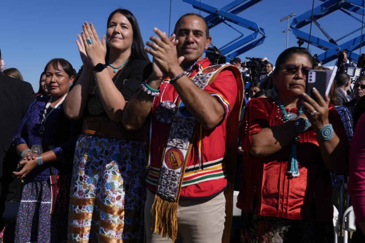 Attendees applaud during Friday&rsquo;s event with President Joe Biden at the Gila Crossing Community School in the Gila River Indian Community reservation.