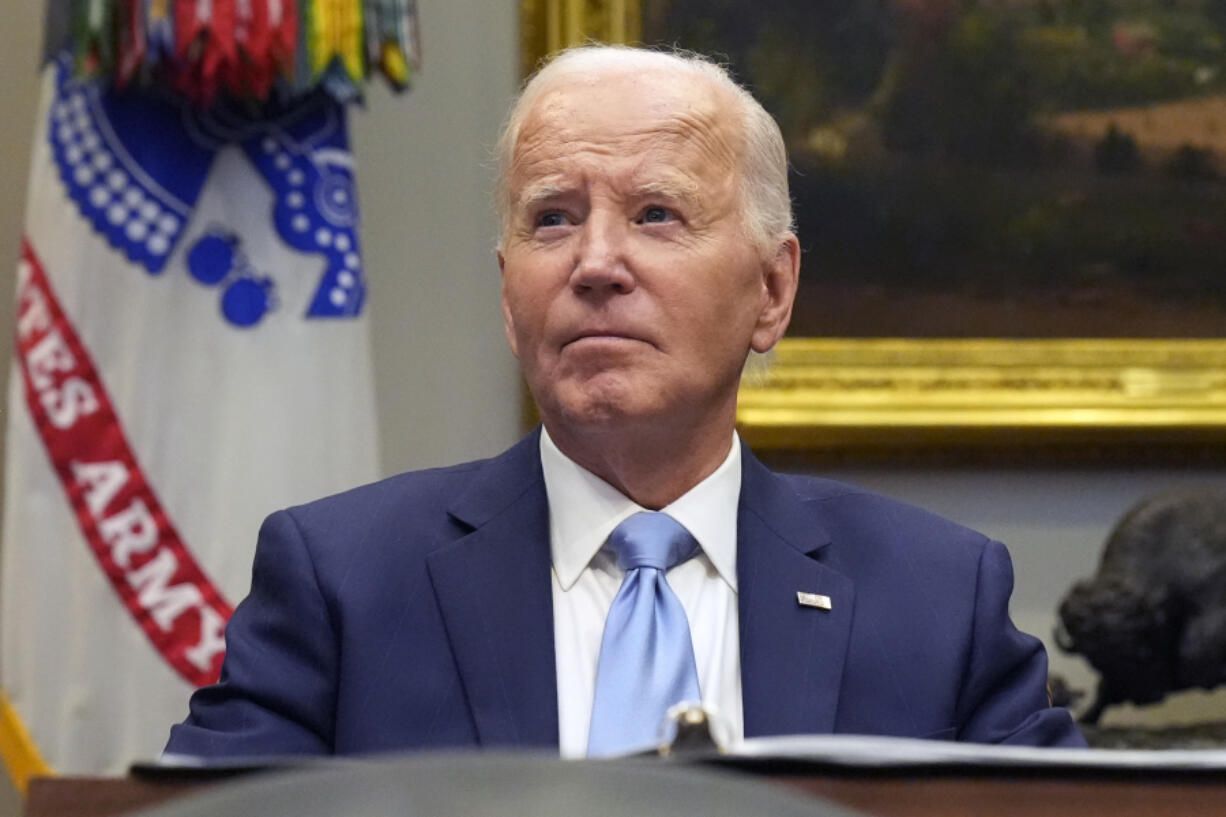 President Joe Biden listens during a briefing on the government&rsquo;s response to Hurricane Helene in the Roosevelt Room of the White House in Washington, Tuesday, Oct. 1, 2024.