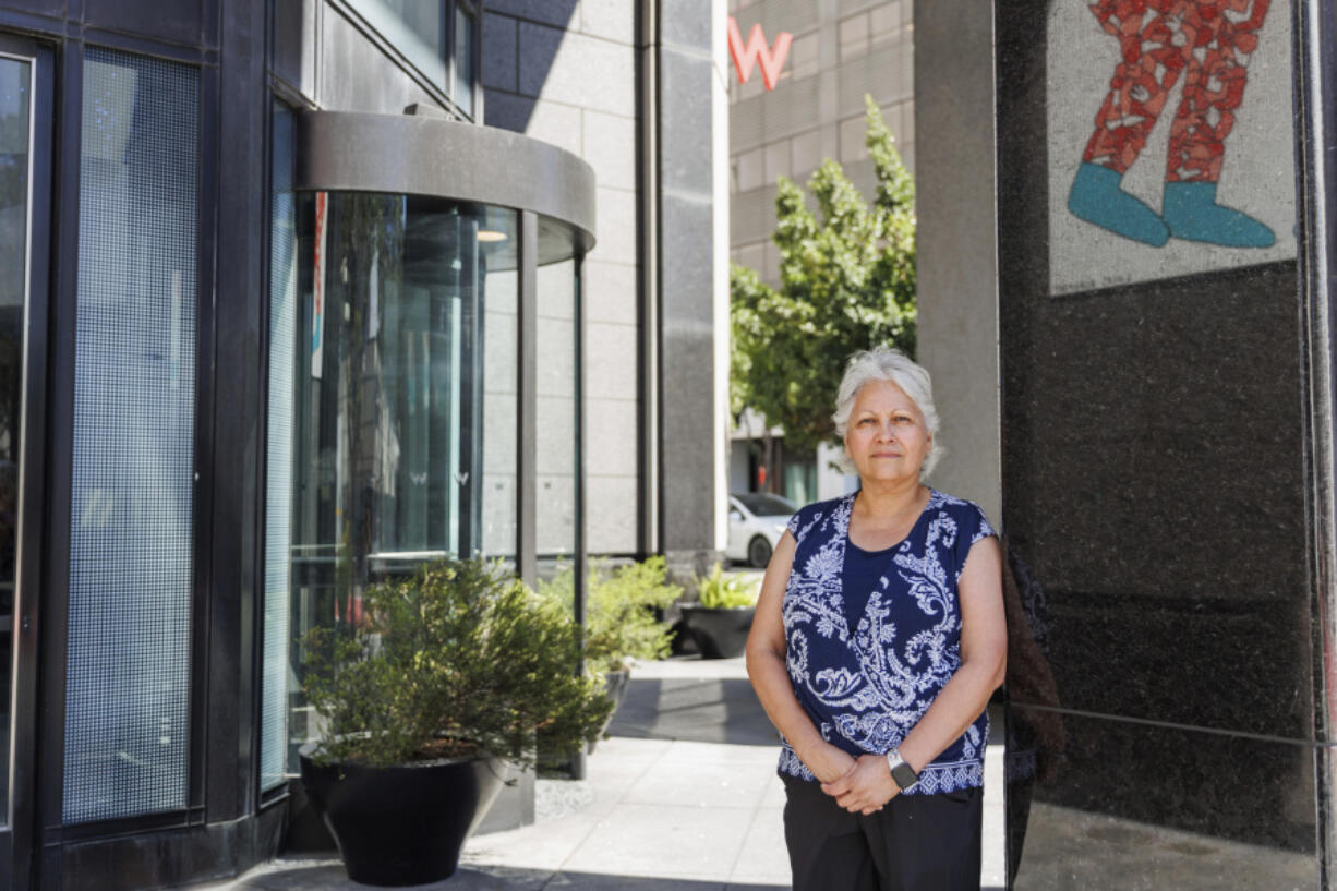 Unite Here Local 2 leader Mar&iacute;a Mata stands for a portrait in front of the W Hotel on Friday, Sept. 13, 2024, in San Francisco.