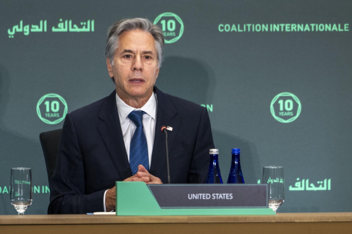 Secretary of State Antony Blinken gives the opening remarks during a meeting of the Global Coalition to Defeat ISIS Ministerial, at the State Department, Monday, Sept. 30, 2024 in Washington.