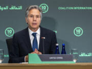 Secretary of State Antony Blinken gives the opening remarks during a meeting of the Global Coalition to Defeat ISIS Ministerial, at the State Department, Monday, Sept. 30, 2024 in Washington.