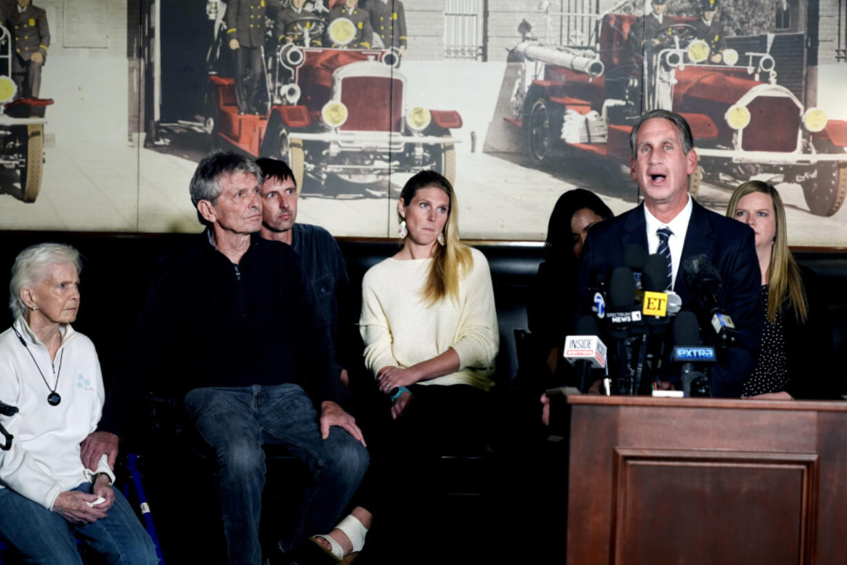 Menendez family attorney Bryan Freedman surrounded by family members as he talks during a news conference on Thursday, Oct. 24, 2024, in Los Angeles.