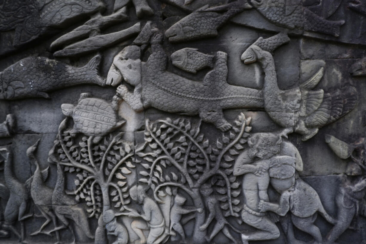 Carvings depicting crocodiles on a wall of Bayon Temple, near Cambodia&rsquo;s world-famous Angkor Wat Temple in Siem Reap Province, on Aug. 2, 2024.