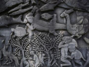 Carvings depicting crocodiles on a wall of Bayon Temple, near Cambodia&rsquo;s world-famous Angkor Wat Temple in Siem Reap Province, on Aug. 2, 2024.