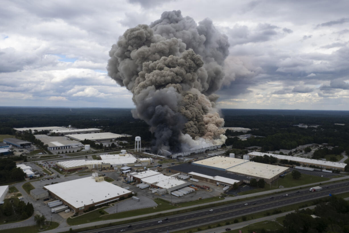 Smoke billows from a fire at the BioLab facility in Conyers, Ga., Sunday, Sept. 29, 2024.