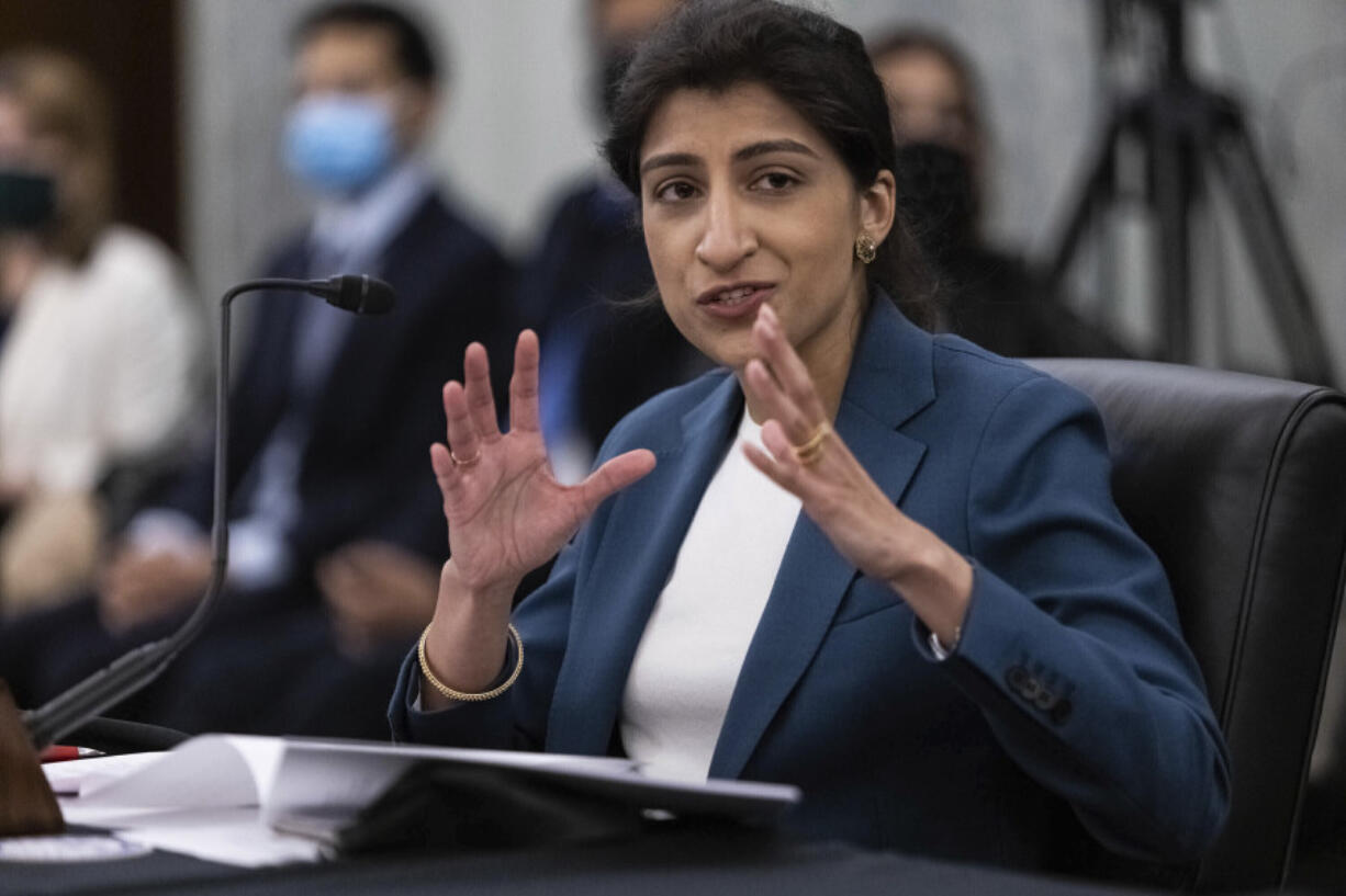 FILE - Lina Khan, then the nominee for Commissioner of the Federal Trade Commission (FTC), speaks a confirmation hearing, April 21, 2021, on Capitol Hill in Washington.