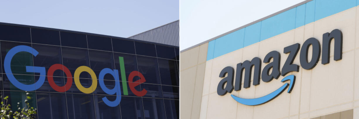 The Google logo, left, is displayed at the company&rsquo;s headquarters in Mountain View, Calif., on July 19, 2016, and the Amazon logo is displayed on the exterior wall of the Amazon OXR1 fulfillment center in Oxnard, Calif., on Aug. 21, 2024.