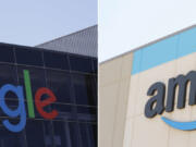 The Google logo, left, is displayed at the company&rsquo;s headquarters in Mountain View, Calif., on July 19, 2016, and the Amazon logo is displayed on the exterior wall of the Amazon OXR1 fulfillment center in Oxnard, Calif., on Aug. 21, 2024.