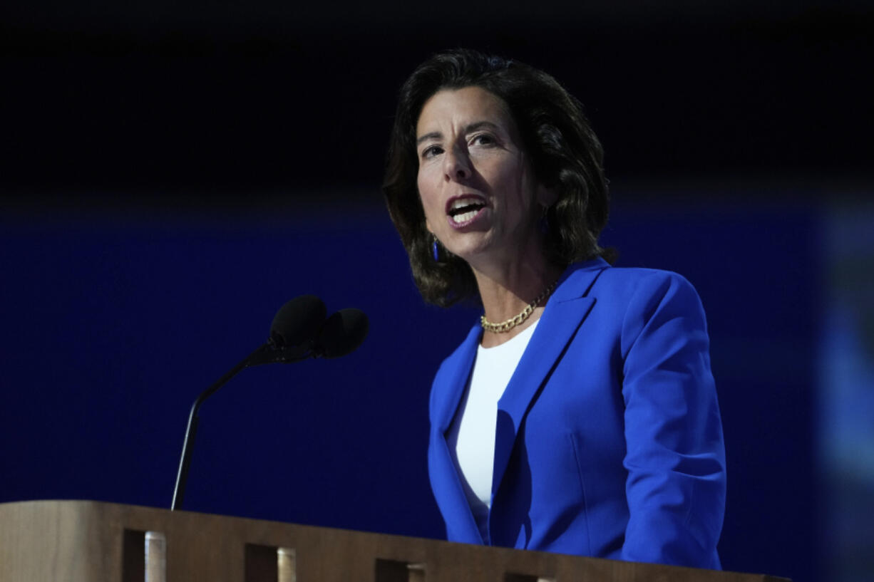 FILE - Gina Raimondo, U.S. Secretary of Commerce, speaks during the Democratic National Convention on Aug. 19, 2024, in Chicago.