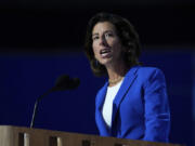 FILE - Gina Raimondo, U.S. Secretary of Commerce, speaks during the Democratic National Convention on Aug. 19, 2024, in Chicago.