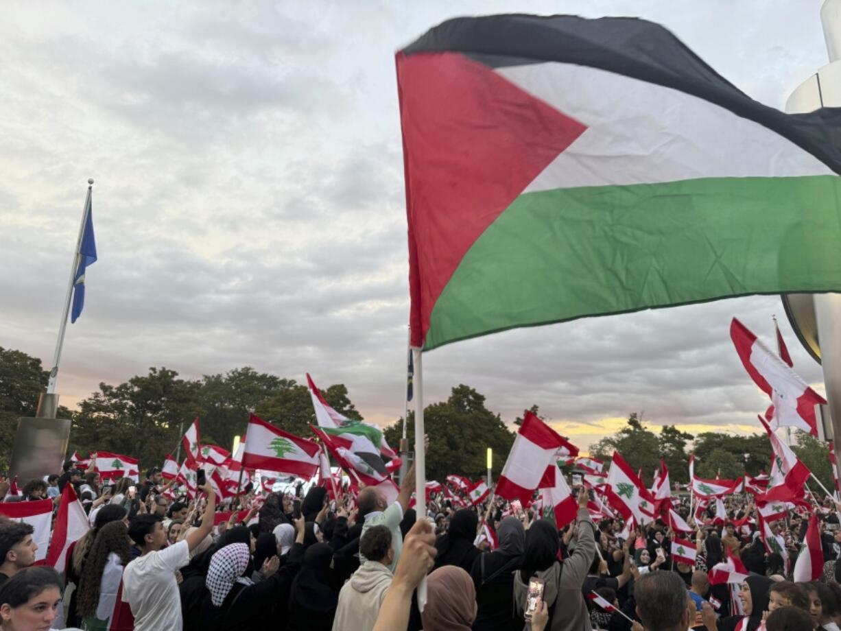 Hundreds of Lebanese and Palestinian flags are flown throughout a crowd in Dearborn, Mich. on Wednesday, Sept. 25, 2024 as people attend a rally to show their support for Lebanon as the conflict in the Middle East escalates.