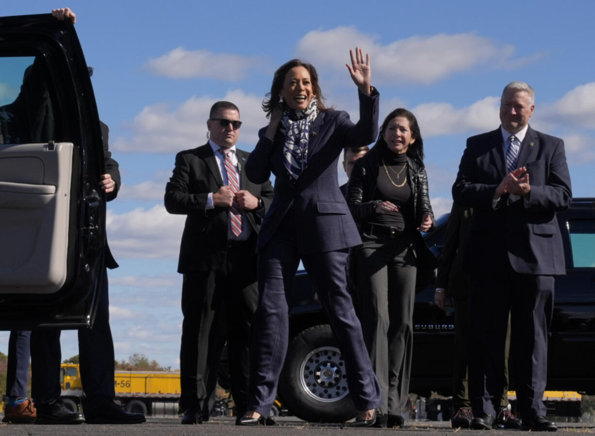 FILE - Democratic presidential nominee Vice President Kamala Harris, arrives at Trenton-Mercer Airport, in Mercer County, New Jersey, Oct. 16, 2024, en route to a campaign rally in Pennsylvania.