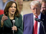 This combination of photos taken Monday, Oct. 21, 2024, shows Democratic presidential nominee Vice President Kamala Harris speaking during a town hall in Malvern, Pa., left, and Republican presidential nominee former President Donald Trump delivering remarks on Hurricane Helene in Swannanoa, N.C..